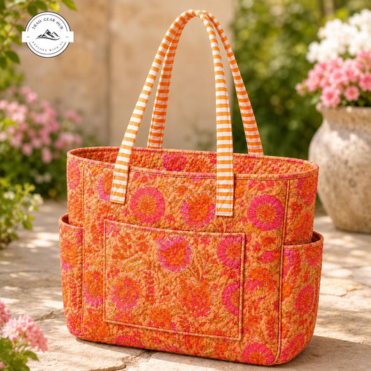 Vibrant Floral Multiple Pockets Quilted Tote Bag TG06