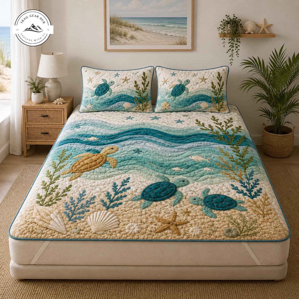 Ocean Beach Sea Turtle Quilted Mattress Cover Set TG15