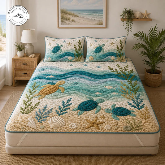 Ocean Beach Sea Turtle Quilted Mattress Cover Set TG15