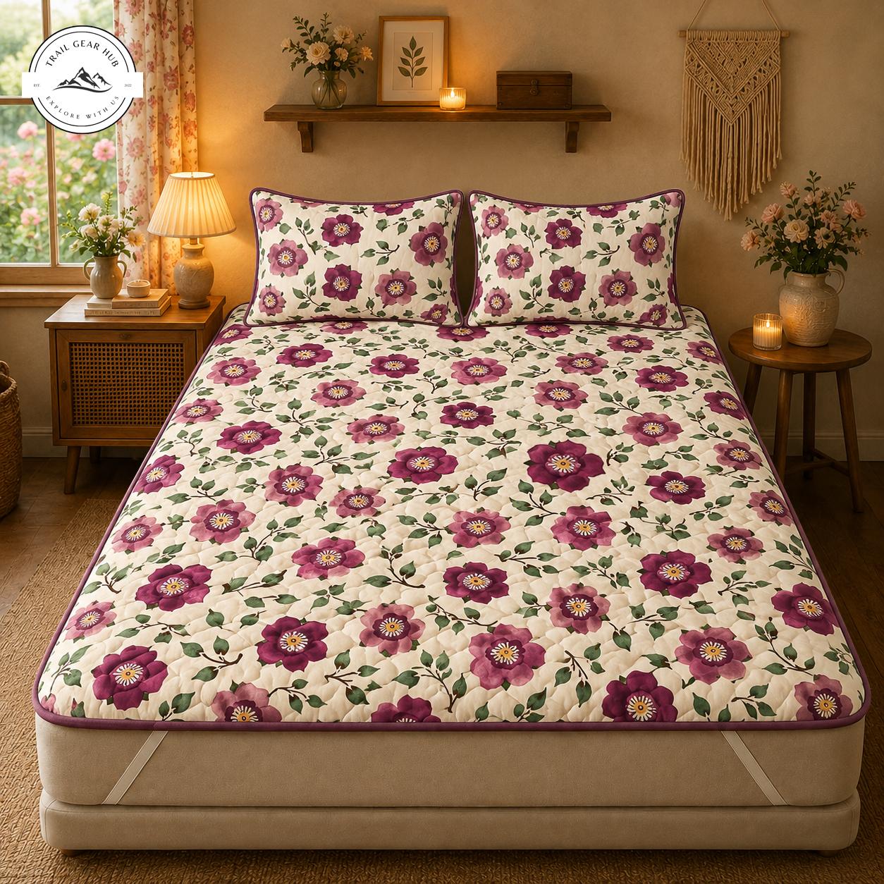 Vintage Purple Floral Quilted Mattress Cover Set TG17
