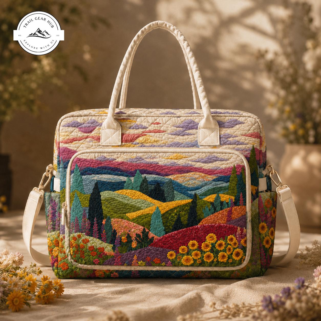 Floral & Mountain Landscape Quilted Puffy Tote TG08
