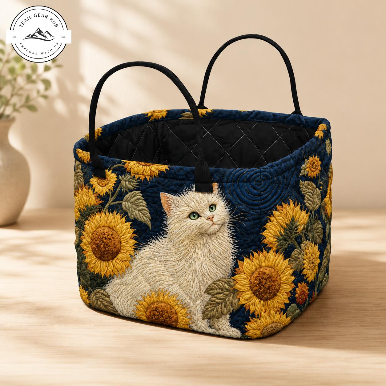 Sunflower and White Cat Quilted Storage Basket TG36