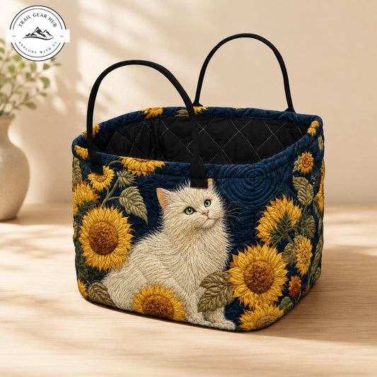 Sunflower and White Cat Quilted Storage Basket TG36
