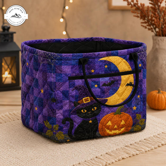 Halloween Black Cat Witch & Moon Quilted Storage Basket TG61