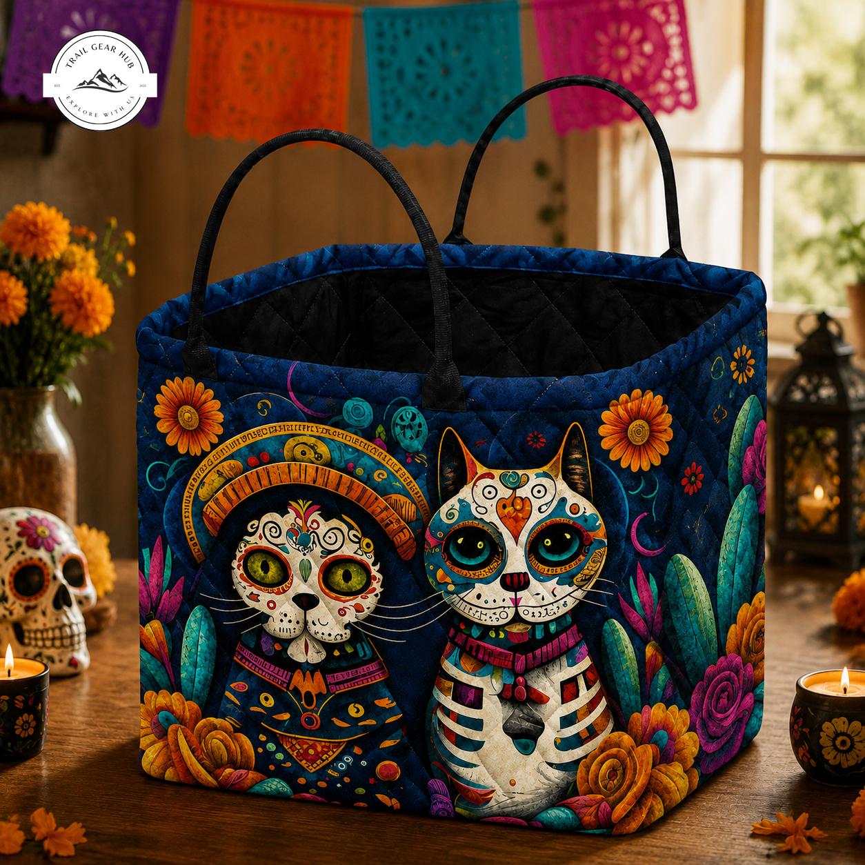 Day of the Dead Sugar Skull Cats Quilted Storage Basket TG64