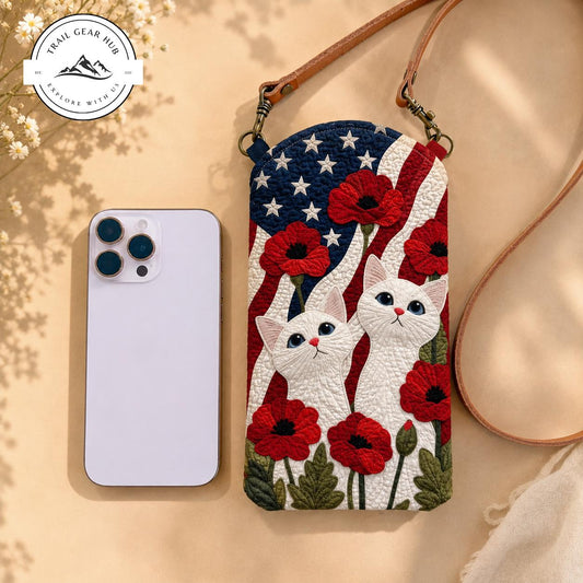 Patriotic White Cats & Red Poppies Quilted Slim Phone Crossbody Bag TG18