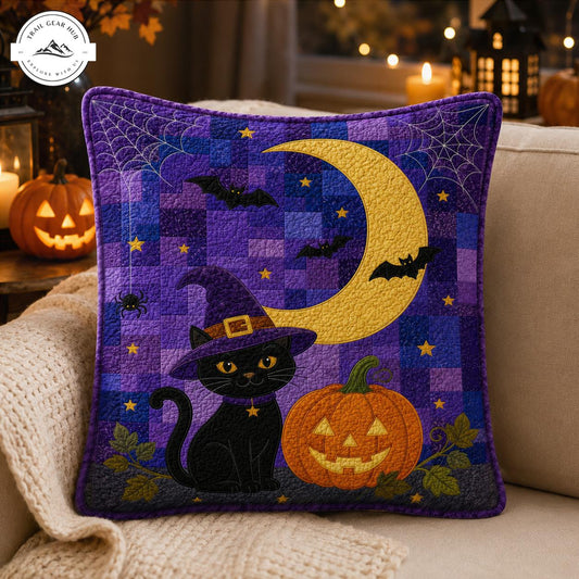 Spooky Witch Cat & Jack-O'-Lantern Quilted Pillow Cover TG05QLTPLC