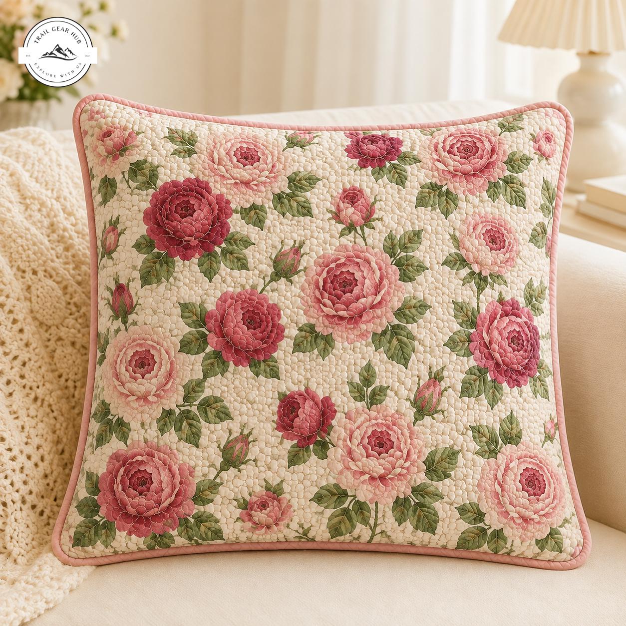 Vintage Pink Rose Floral Quilted Pillow Cover TG41QLTPLC