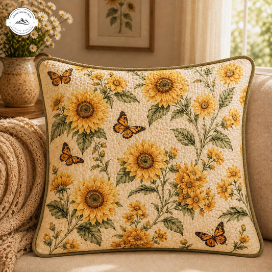 Sunflower & Butterfly Floral Quilted Pillow Cover TG67QLTPLC