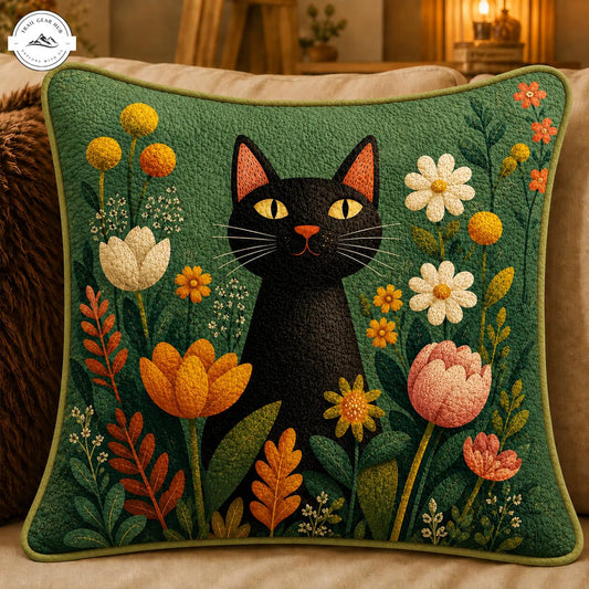 Black Cat & Botanical Garden Quilted Pillow Cover TG69QLTPLC