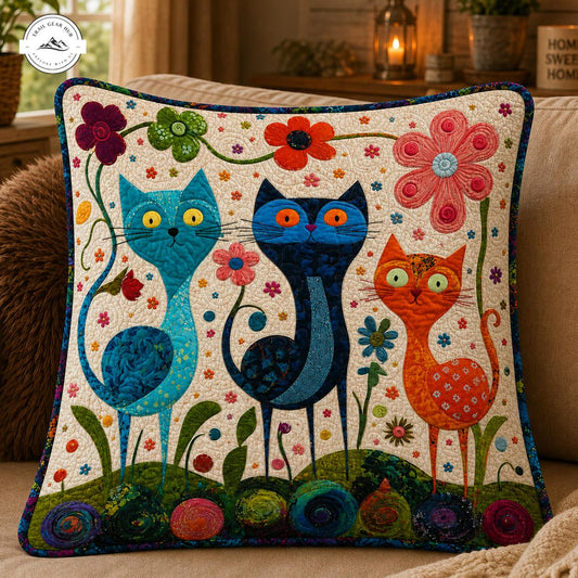 Whimsical Floral Cat Quilted Pillow Cover TG70QLTPLC