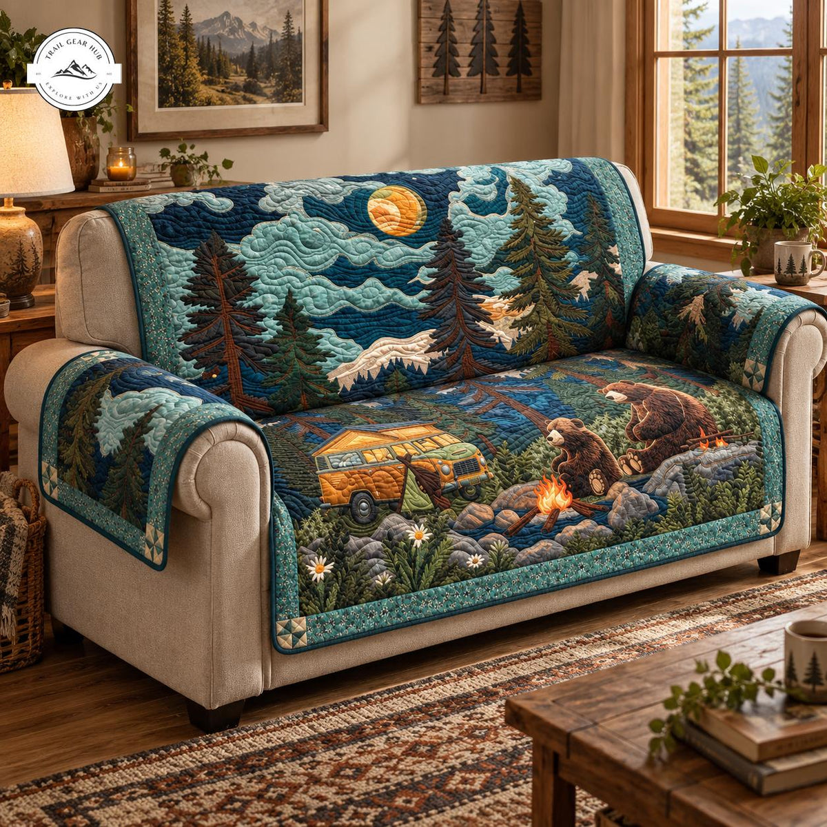 Rustic Bear & Camping Scene Quilted Seat Sofa TG105