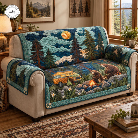 Rustic Bear & Camping Scene Quilted Seat Sofa TG105