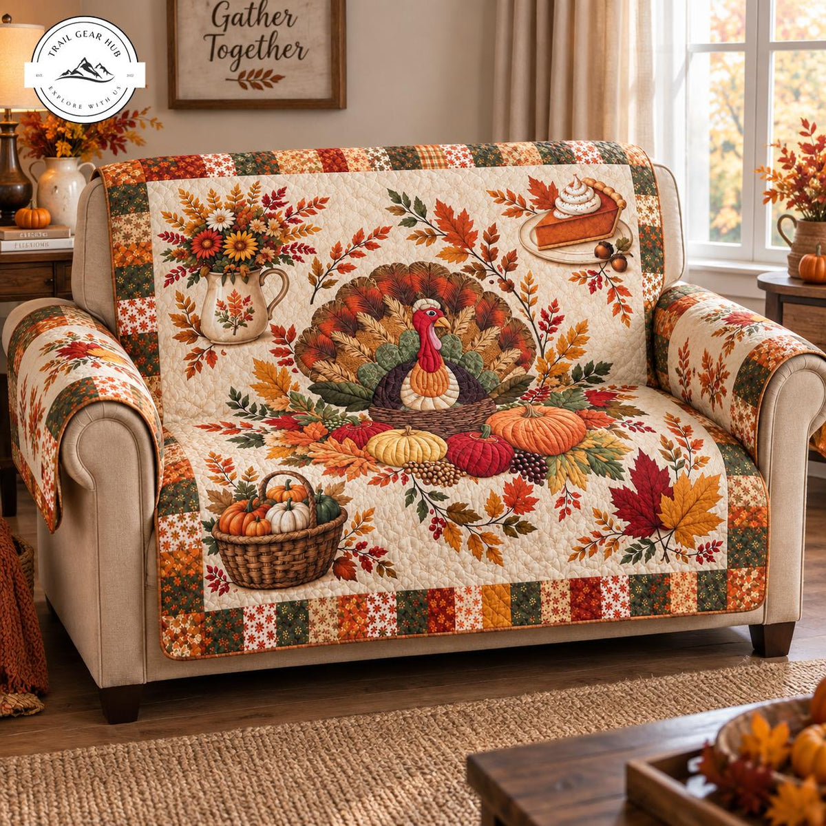 Thanksgiving Turkey & Autumn Leaves Quilted Seat Sofa TG113