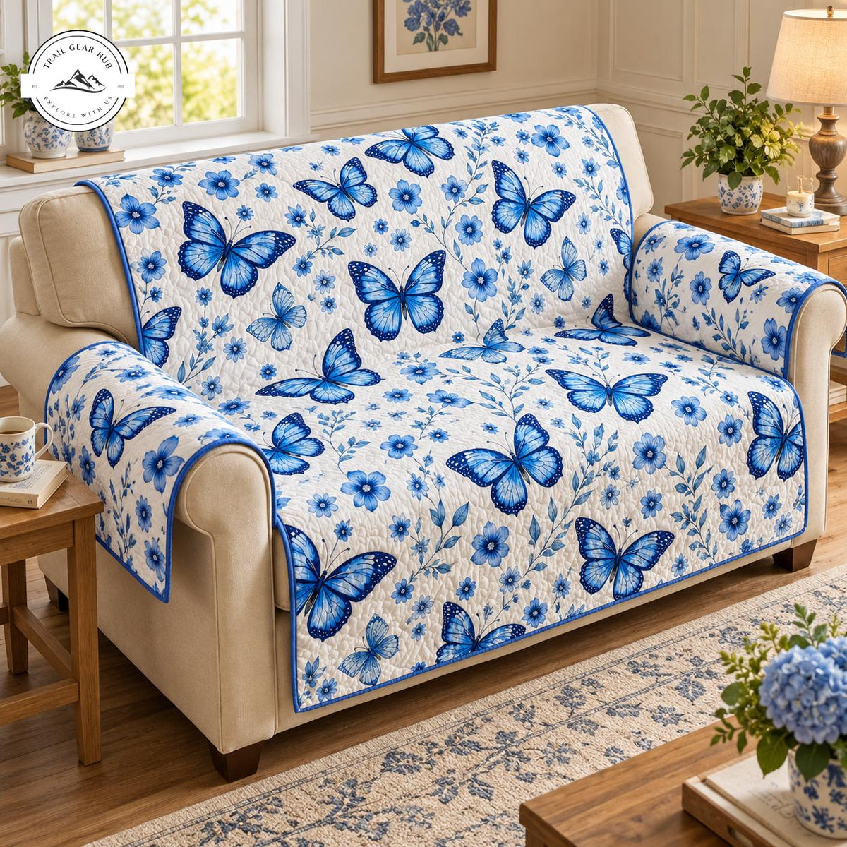 Vintage Blue Butterfly & Floral Quilted Seat Sofa TG139