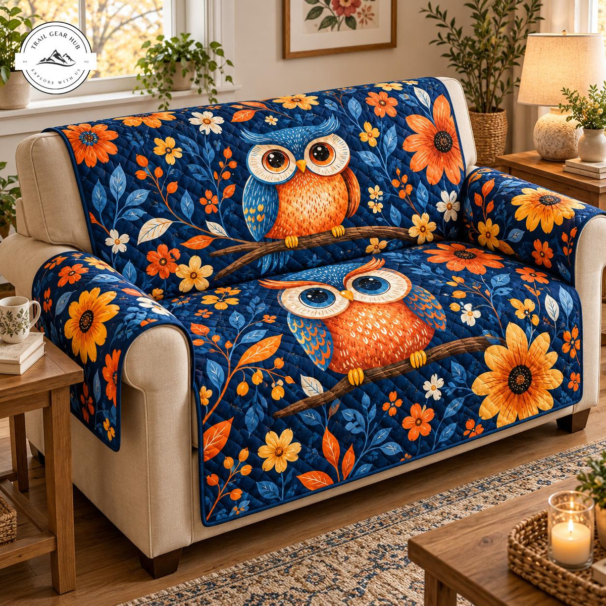 Sunflowers & Owls Pattern Quilted Seat Sofa TG141