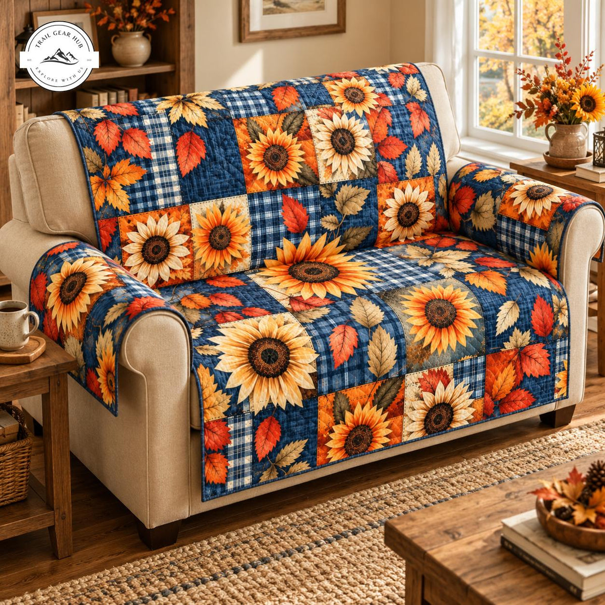 Rustic Sunflower and Fall Leaves Quilted Seat Sofa TG186