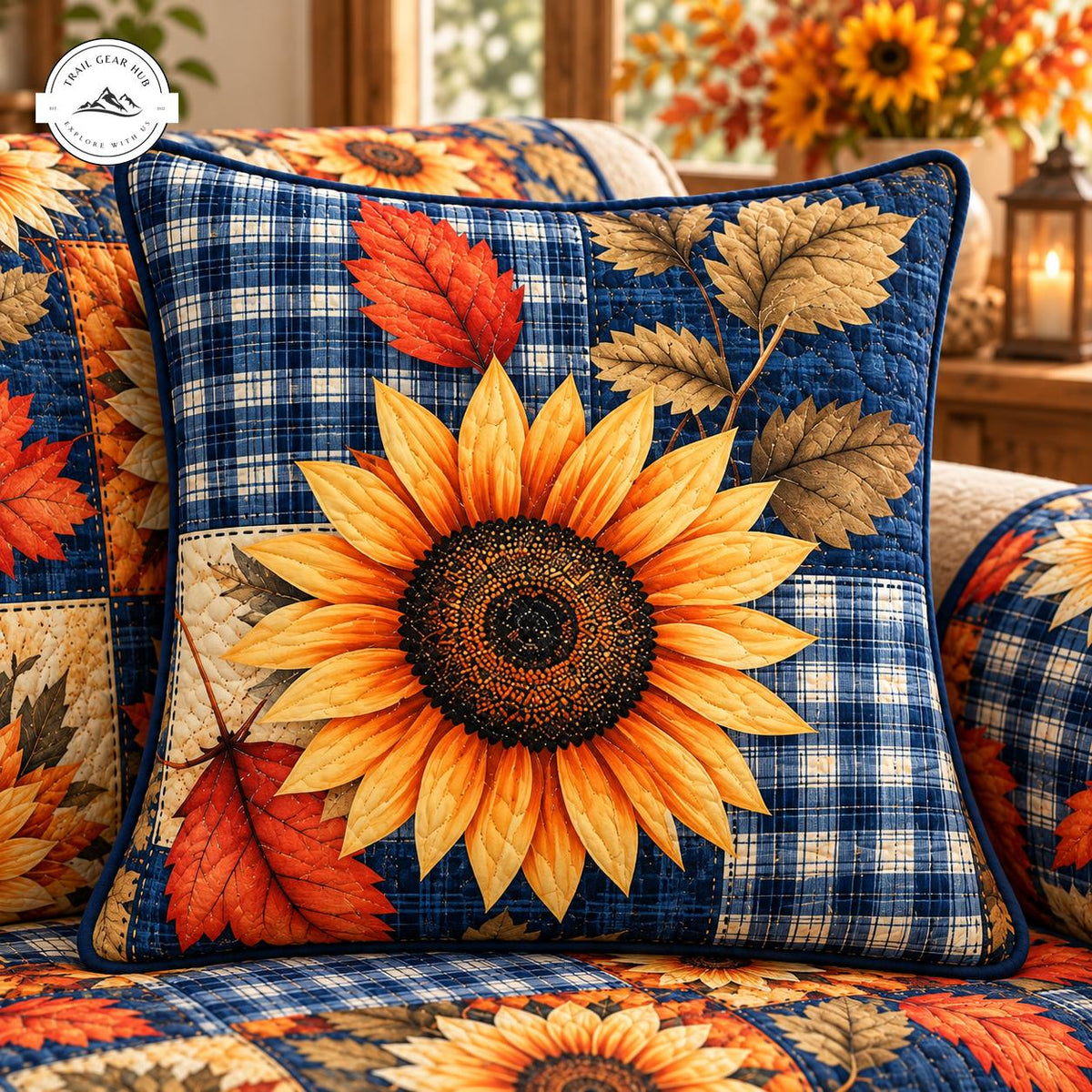 Rustic Sunflower and Fall Leaves Quilted Pillow Cover TG186QLTPLC
