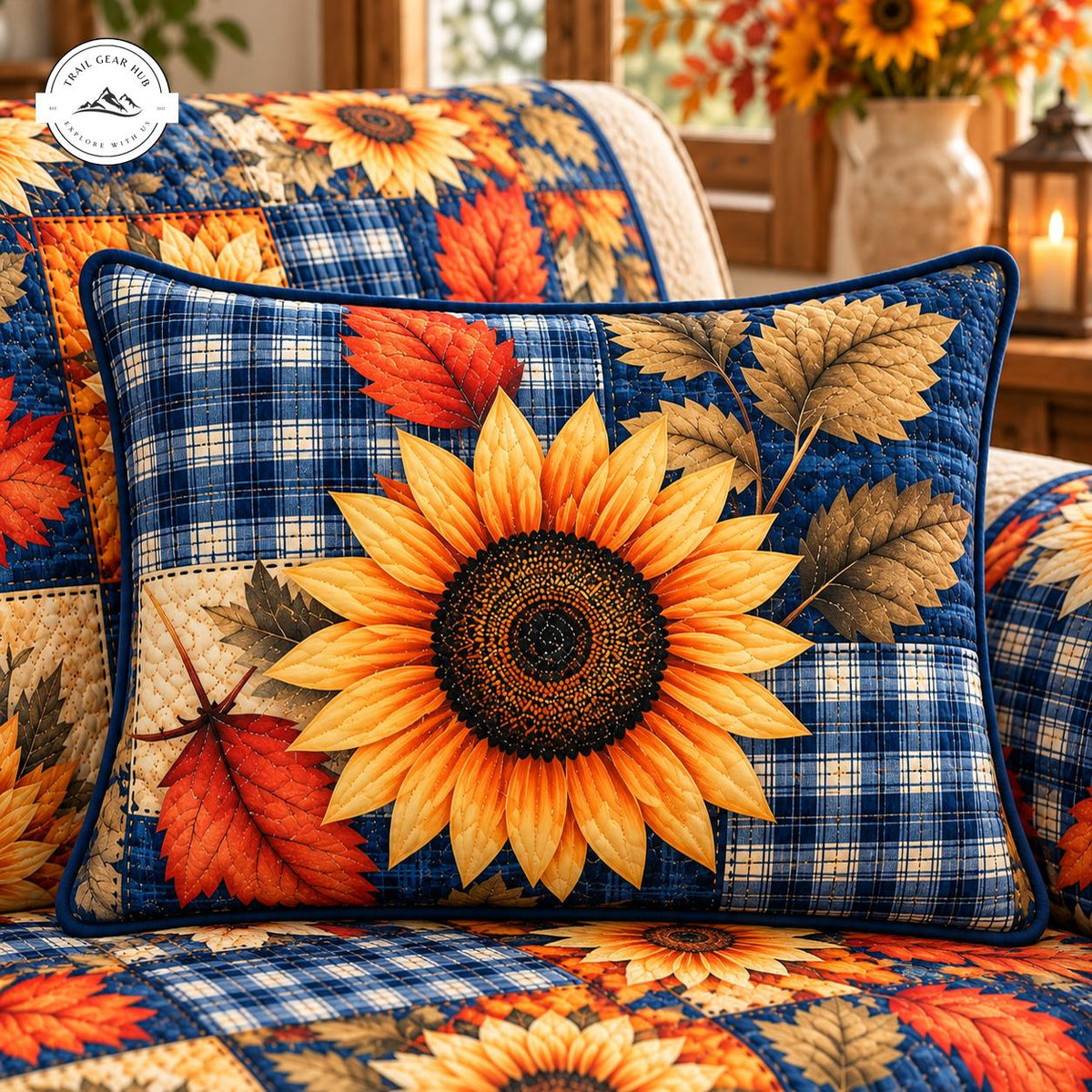 Rustic Sunflower and Fall Leaves Quilted Pillow Cover TG186QLTPLC