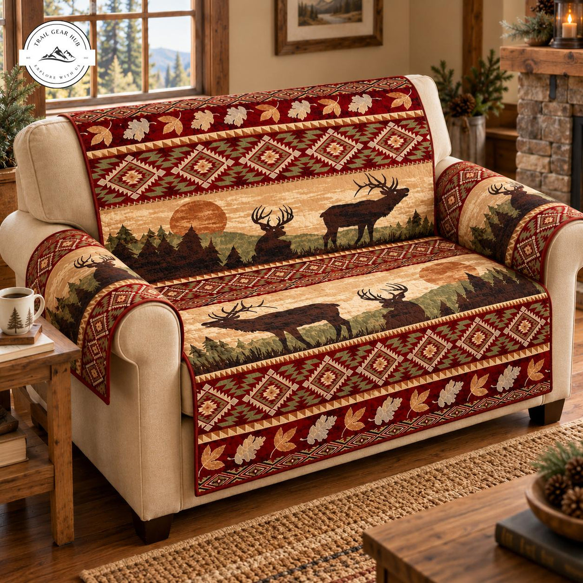Cabin Lodge Elk & Geometric Pattern Quilted Seat Sofa TG187