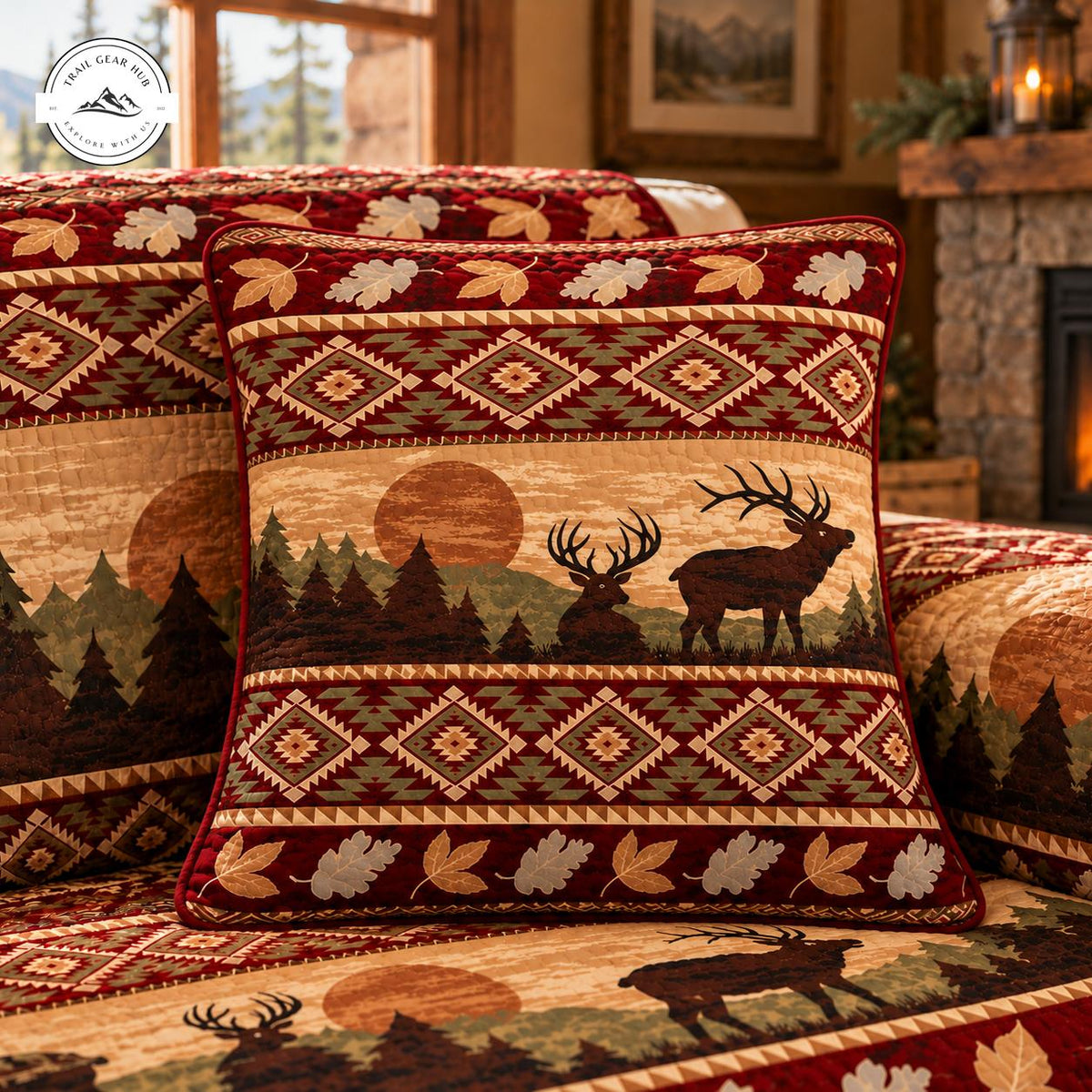 Cabin Lodge Elk & Geometric Pattern Quilted Pillow Cover TG187QLTPLC
