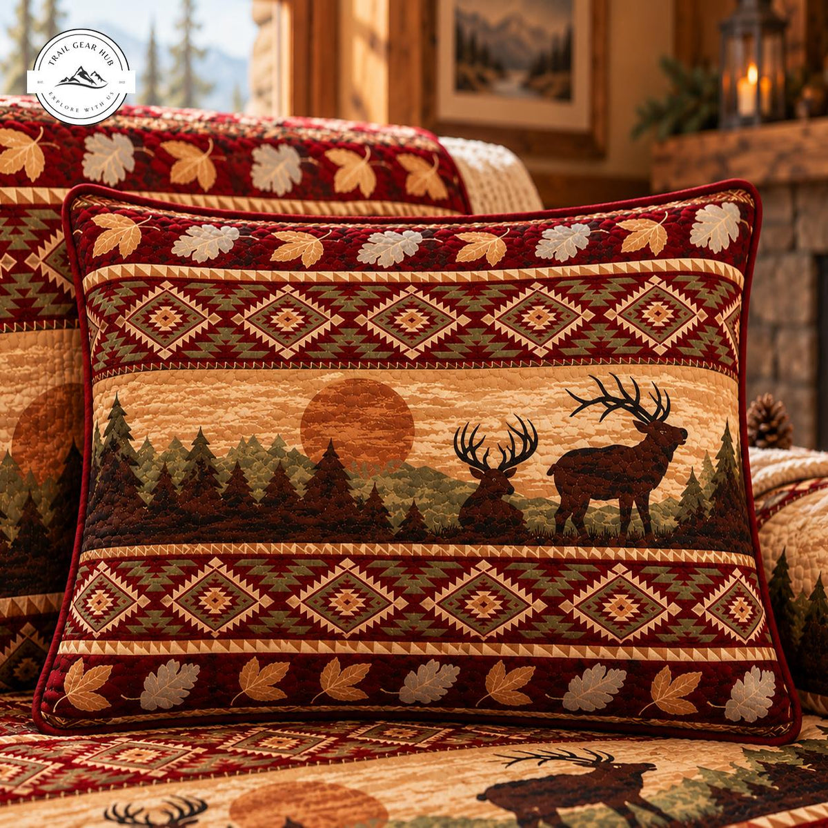 Cabin Lodge Elk & Geometric Pattern Quilted Pillow Cover TG187QLTPLC