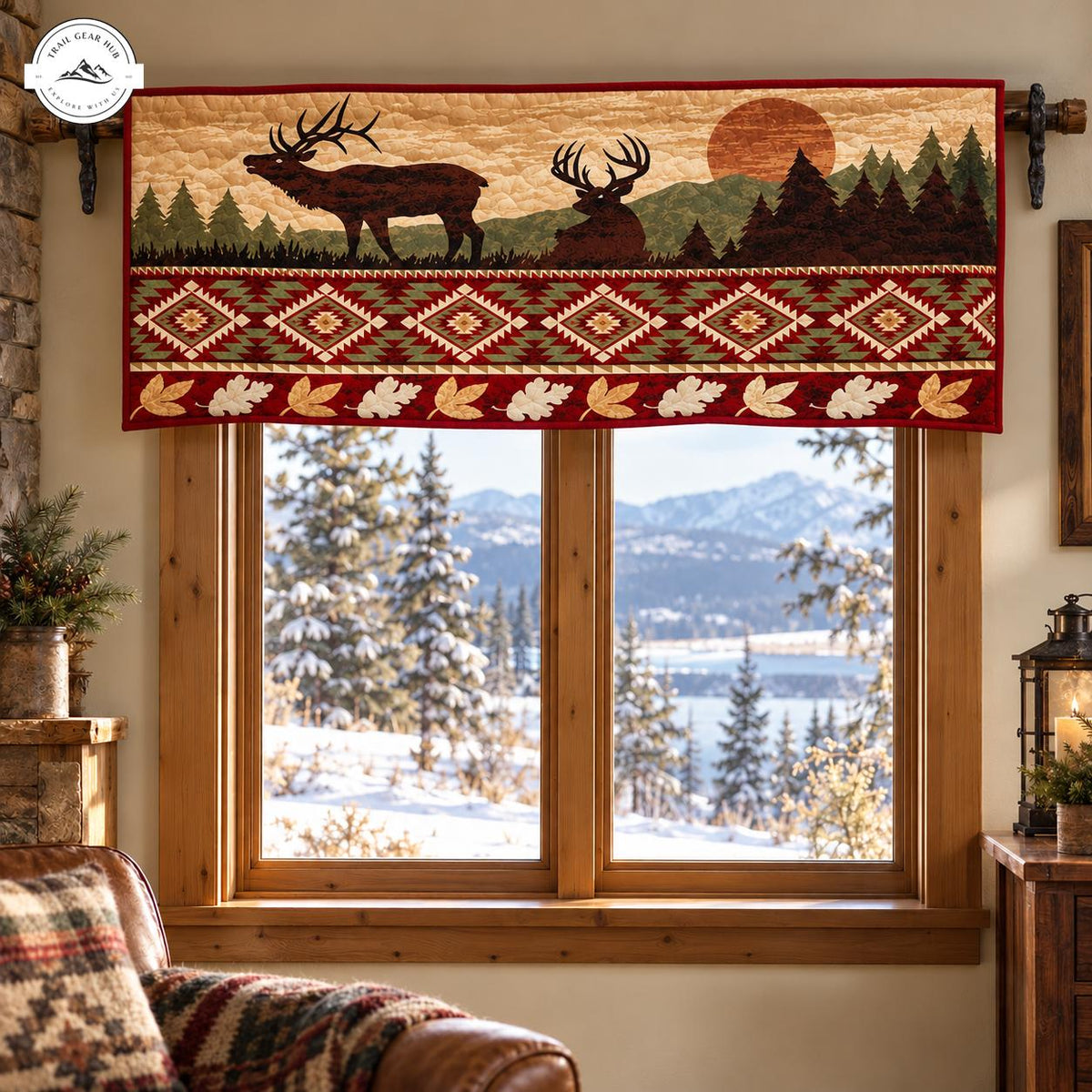 Cabin Lodge Elk & Geometric Pattern Quilted Valance TG187QLTVL