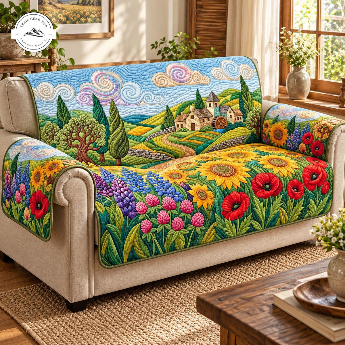 Artistic Sunflower & Poppy Quilted Seat Sofa TG188
