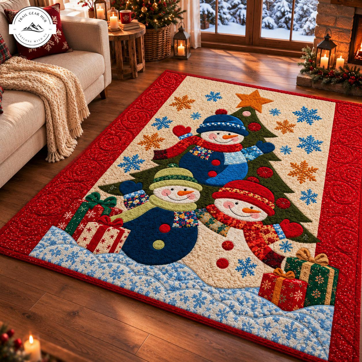 Cozy Snowman & Christmas Tree Premium Faux Cashmere Area Rug TG208FCARUG