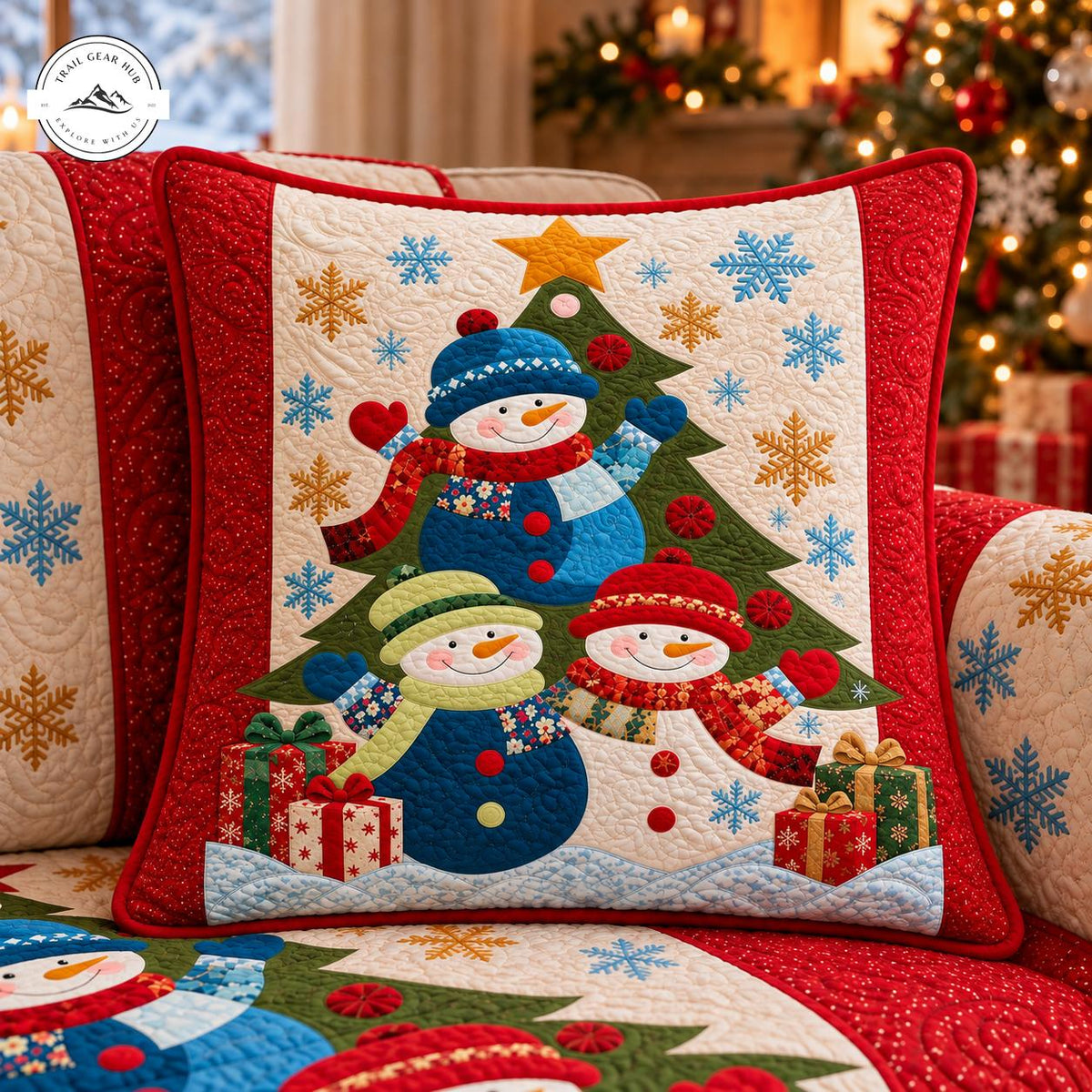 Cozy Snowman & Christmas Tree Quilted Pillow Cover TG208QLTPLC