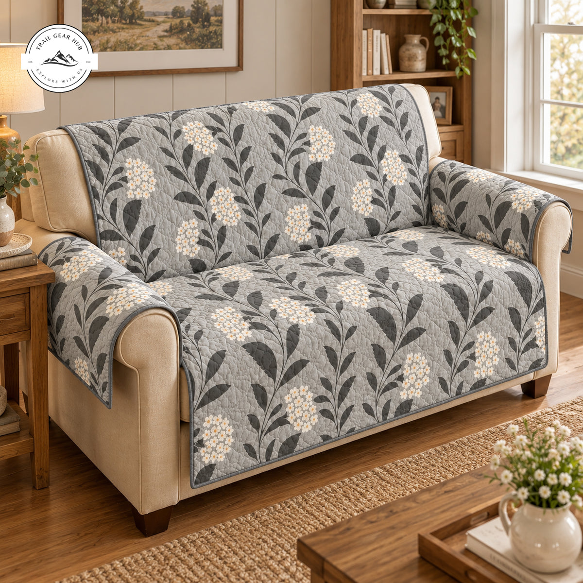 Farmhouse Grey Floral Pattern Quilted Seat Sofa TG221