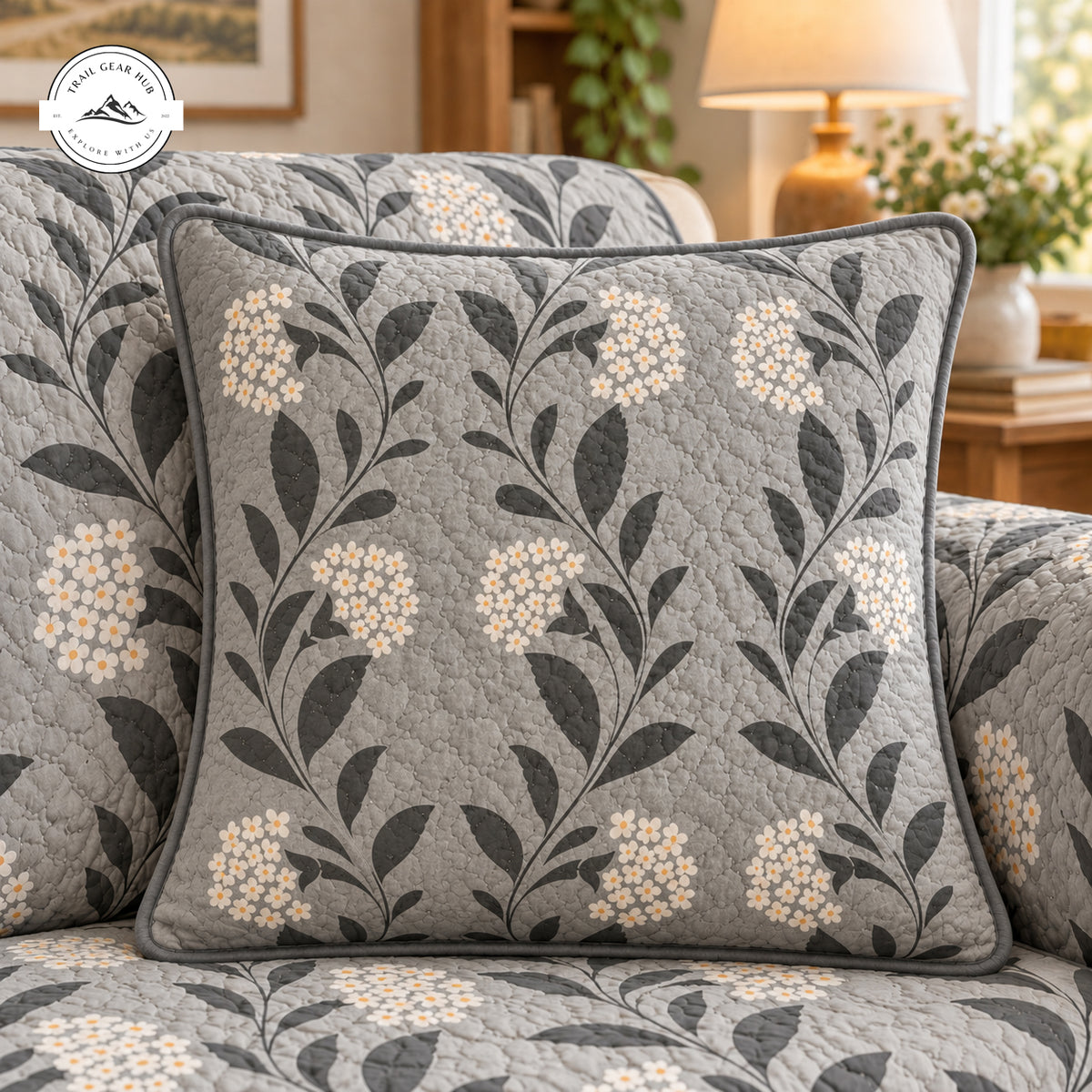 Farmhouse Grey Floral Pattern Quilted Pillow Cover TG221QLTPLC