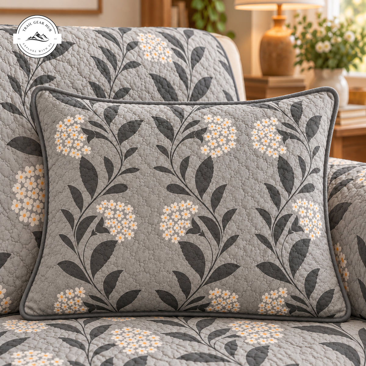 Farmhouse Grey Floral Pattern Quilted Pillow Cover TG221QLTPLC
