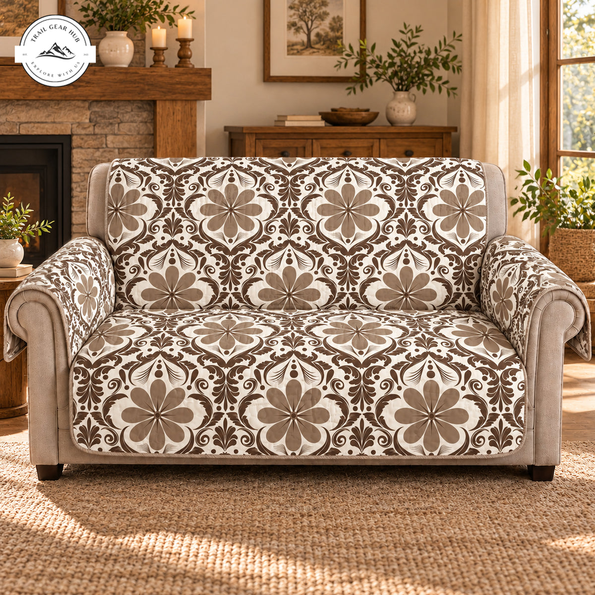 Farmhouse Brown & Beige Botanical Pattern Quilted Seat Sofa TG235