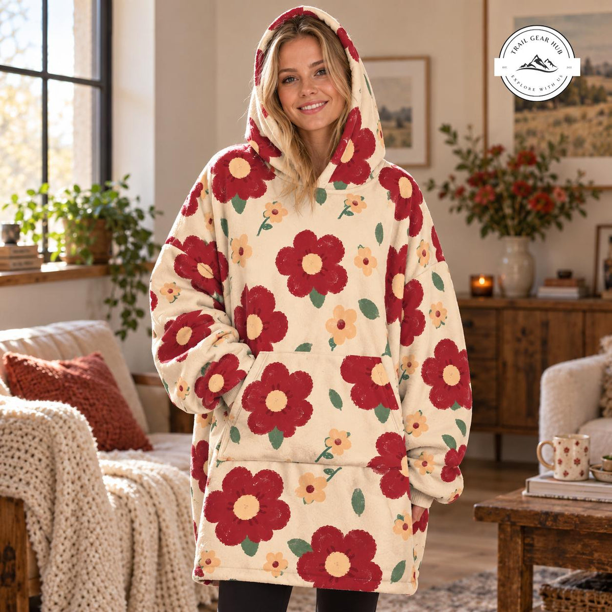 Cute Red Floral Oversized Snug Hoodie TG19