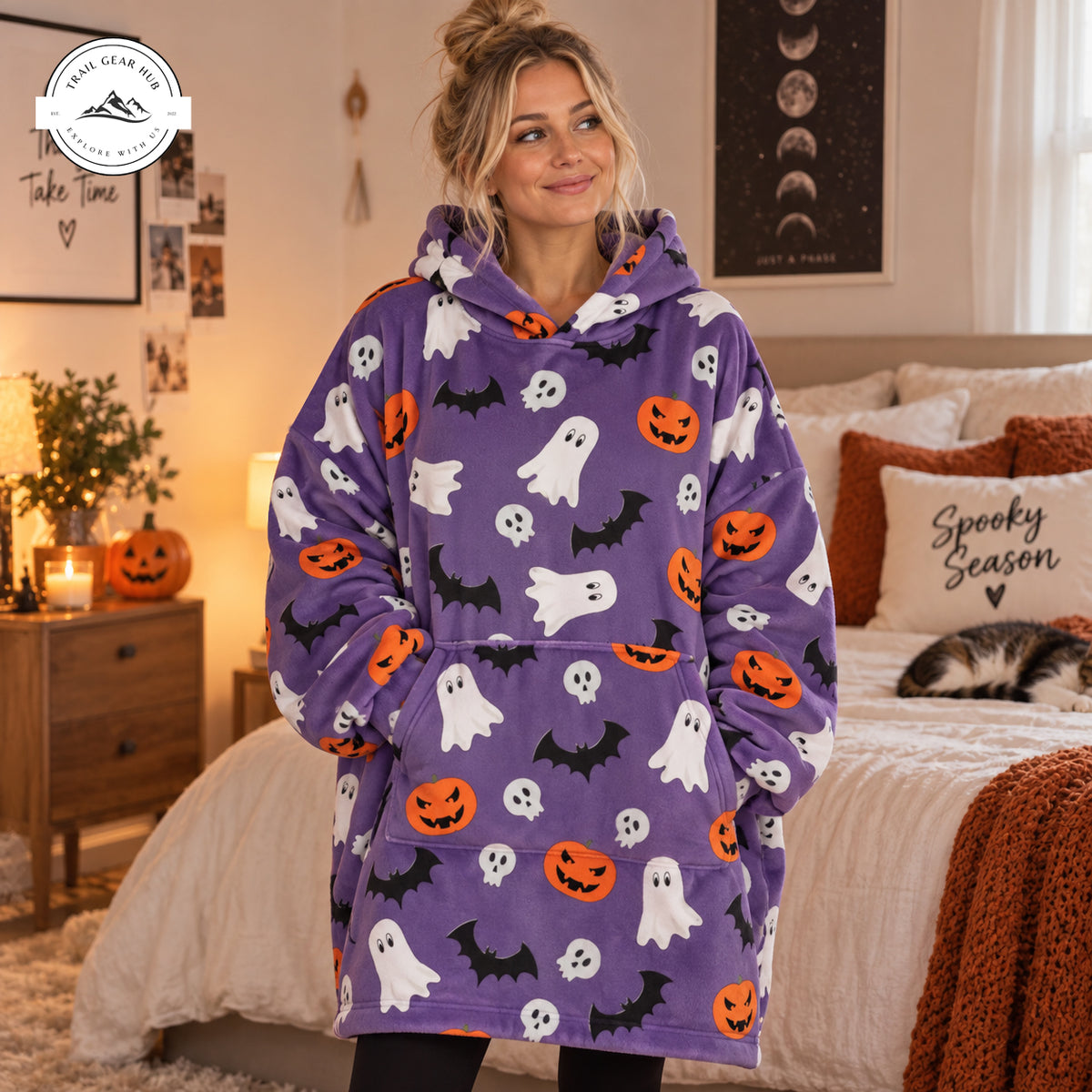Cute Ghost Pumpkin Bat Print Snug Hoodie TG22