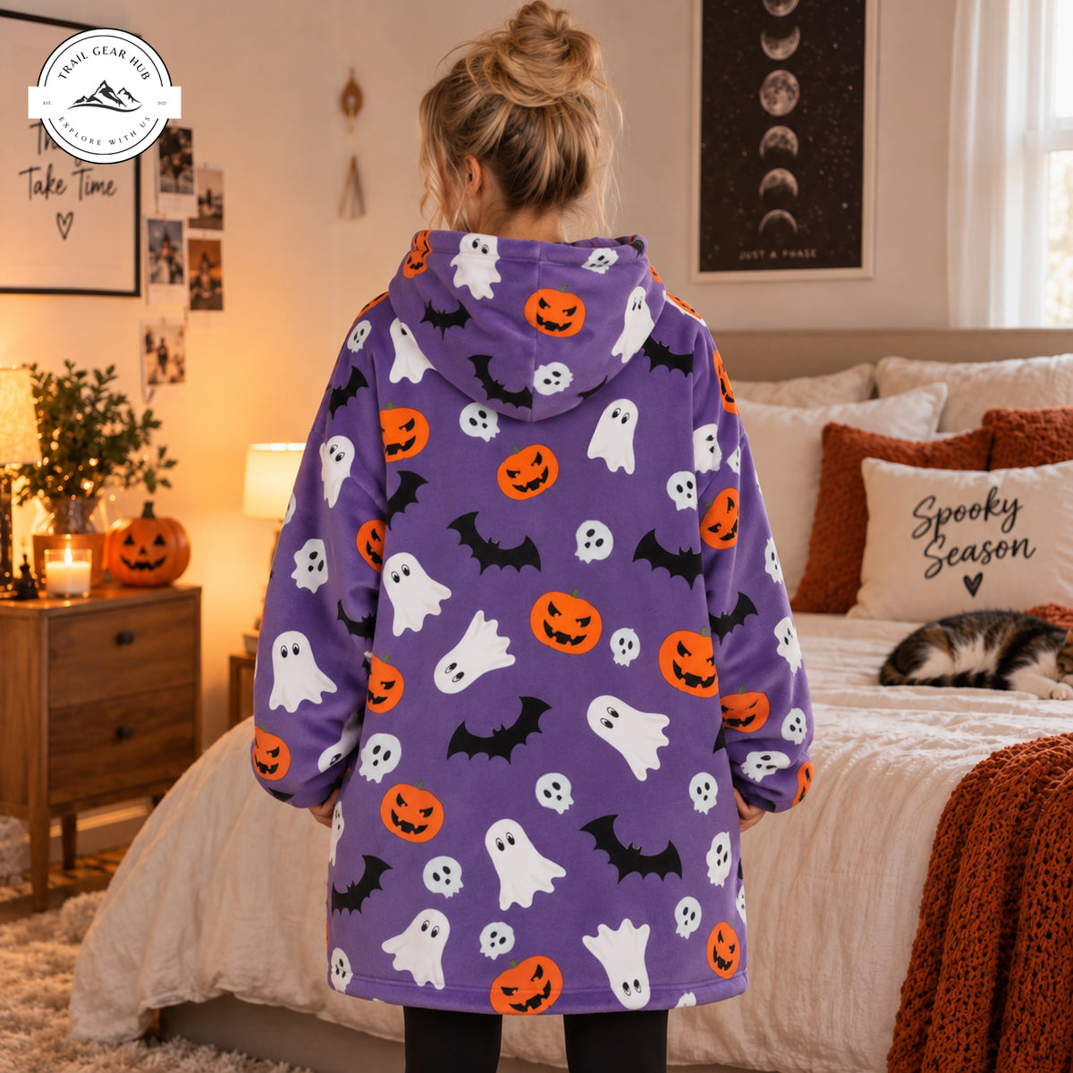 Cute Ghost Pumpkin Bat Print Snug Hoodie TG22