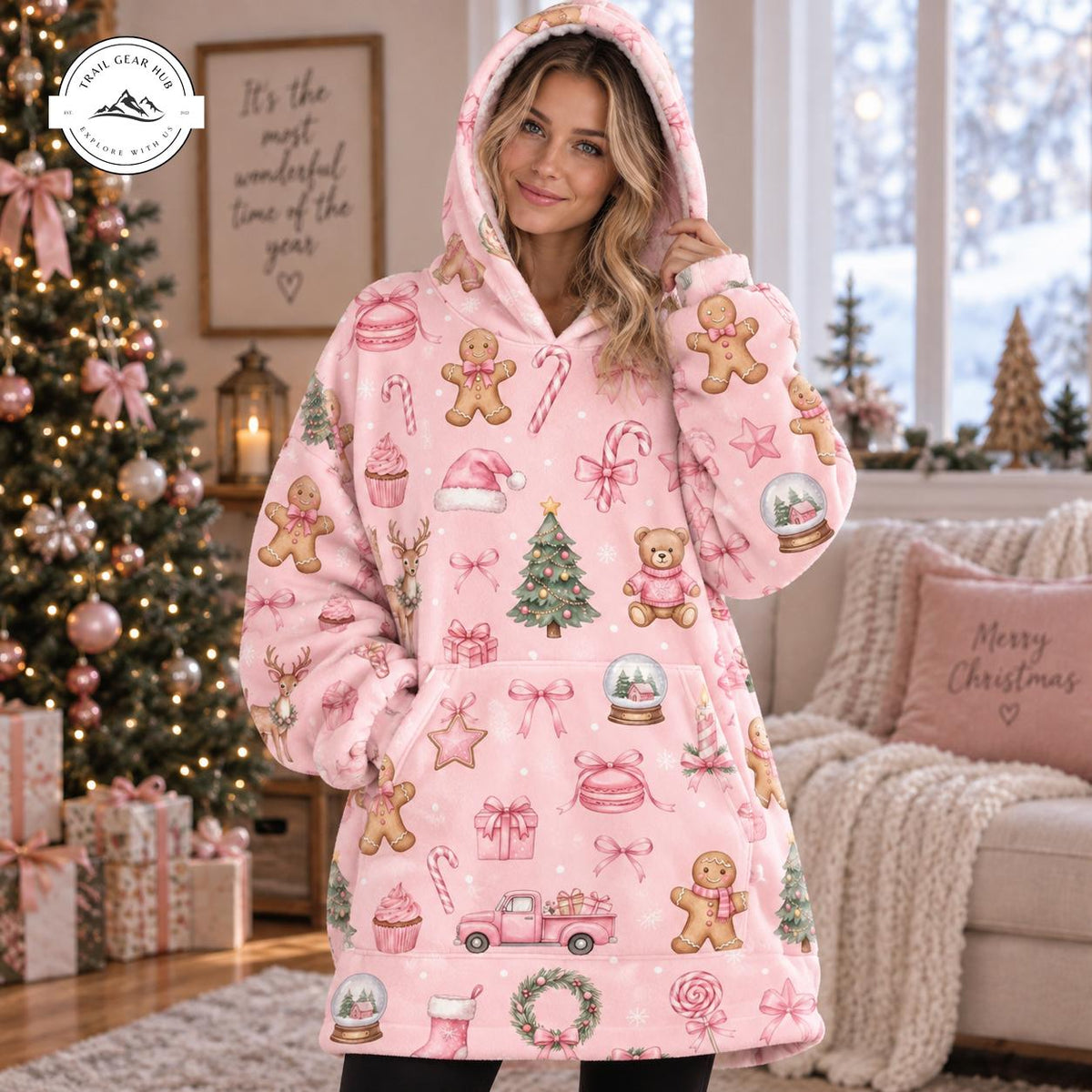 Pink Festive Christmas Pattern Oversized Snug Hoodie TG23