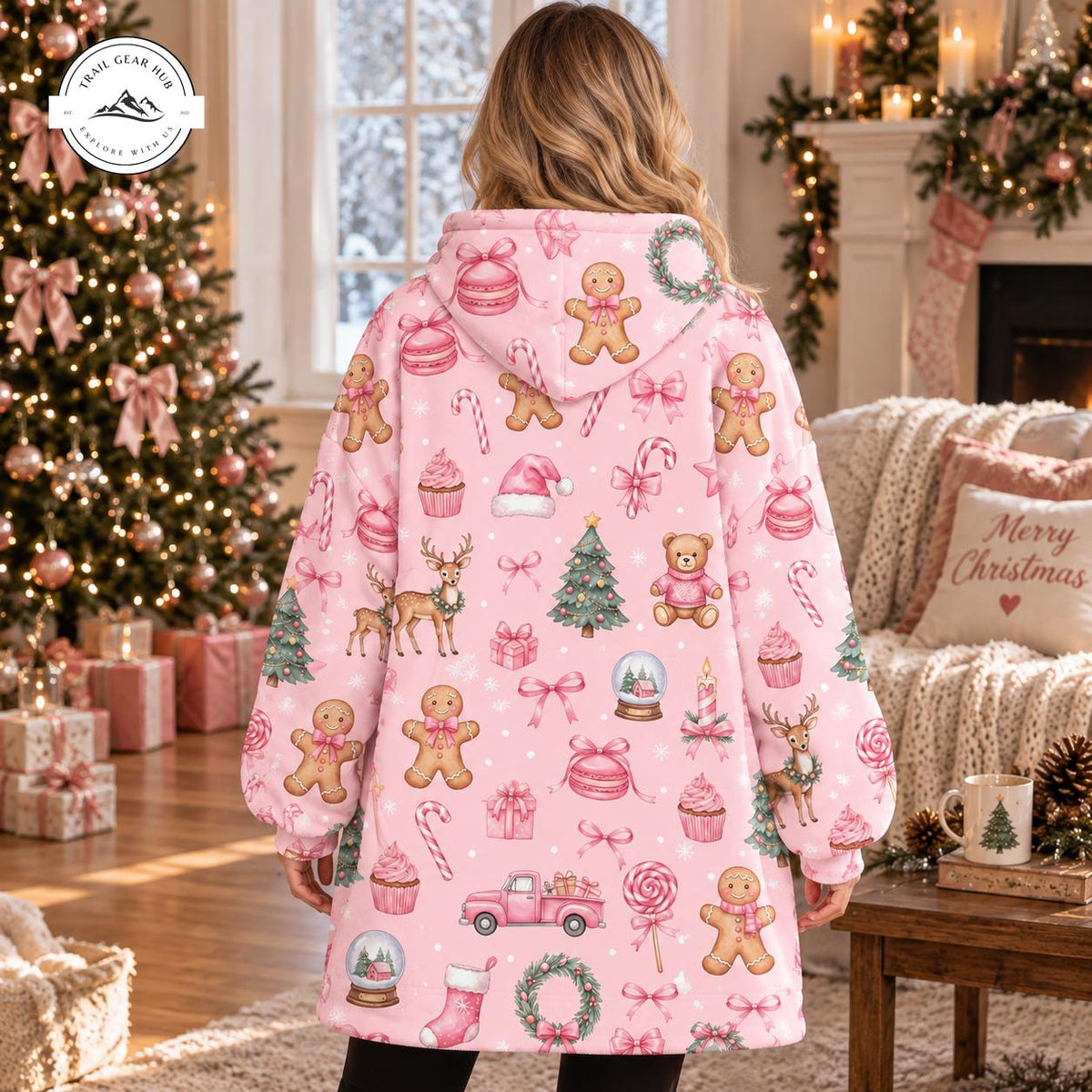 Pink Festive Christmas Pattern Oversized Snug Hoodie TG23