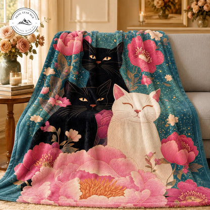 Cute Black & White Cat Floral Sherpa Blanket TG13