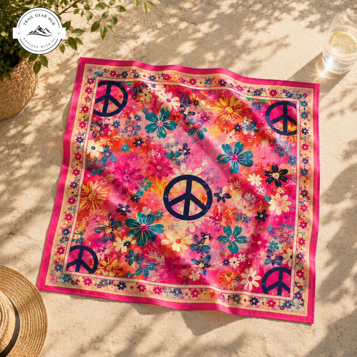 Boho Floral Peace Sign Satin Square Scarf TG11