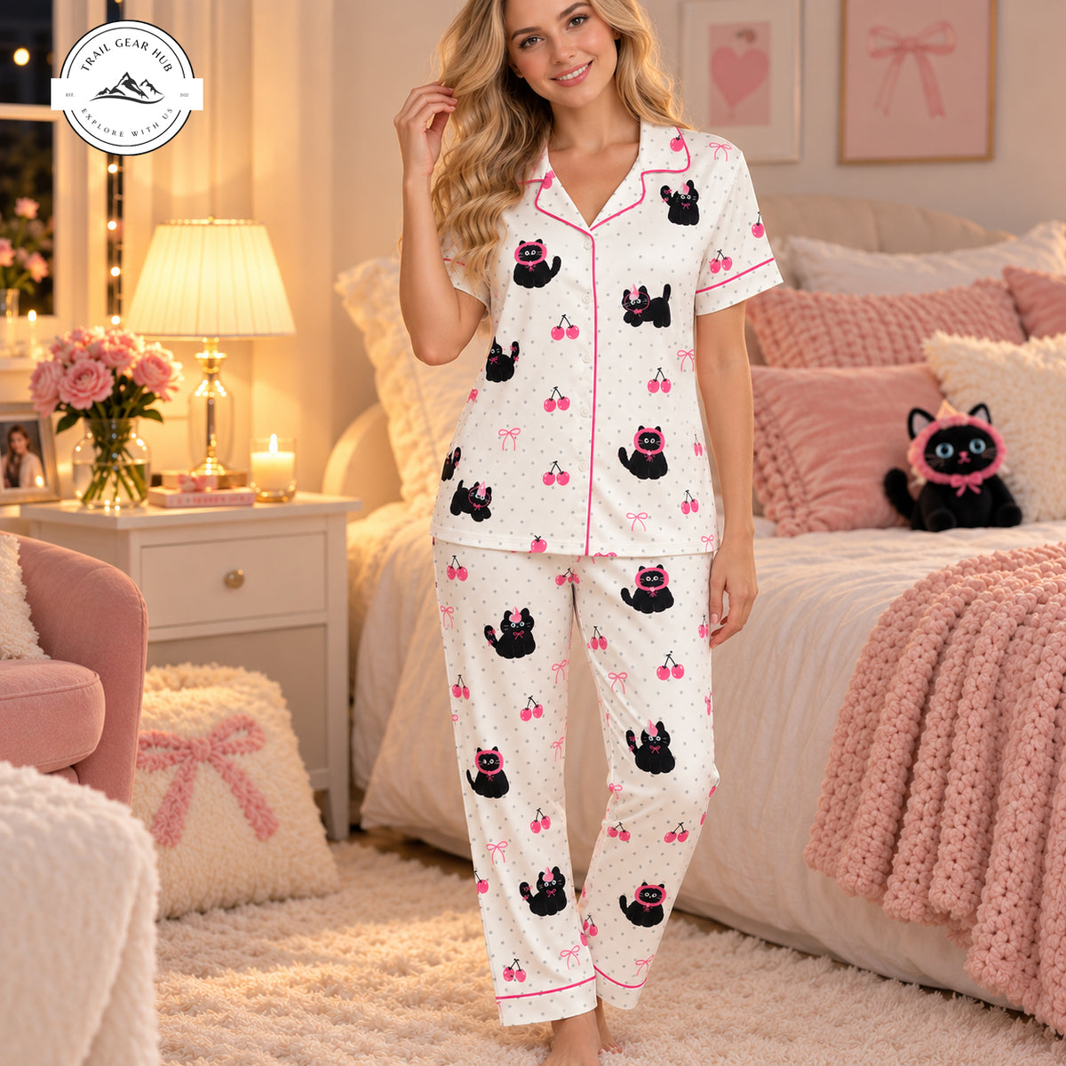 Cute Black Cat Women Satin Pajama Short Sleeves Long Pants TG13