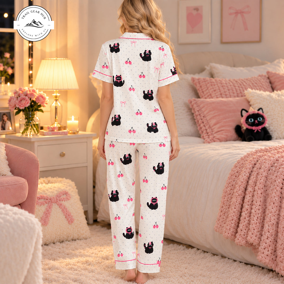 Cute Black Cat Women Satin Pajama Short Sleeves Long Pants TG13