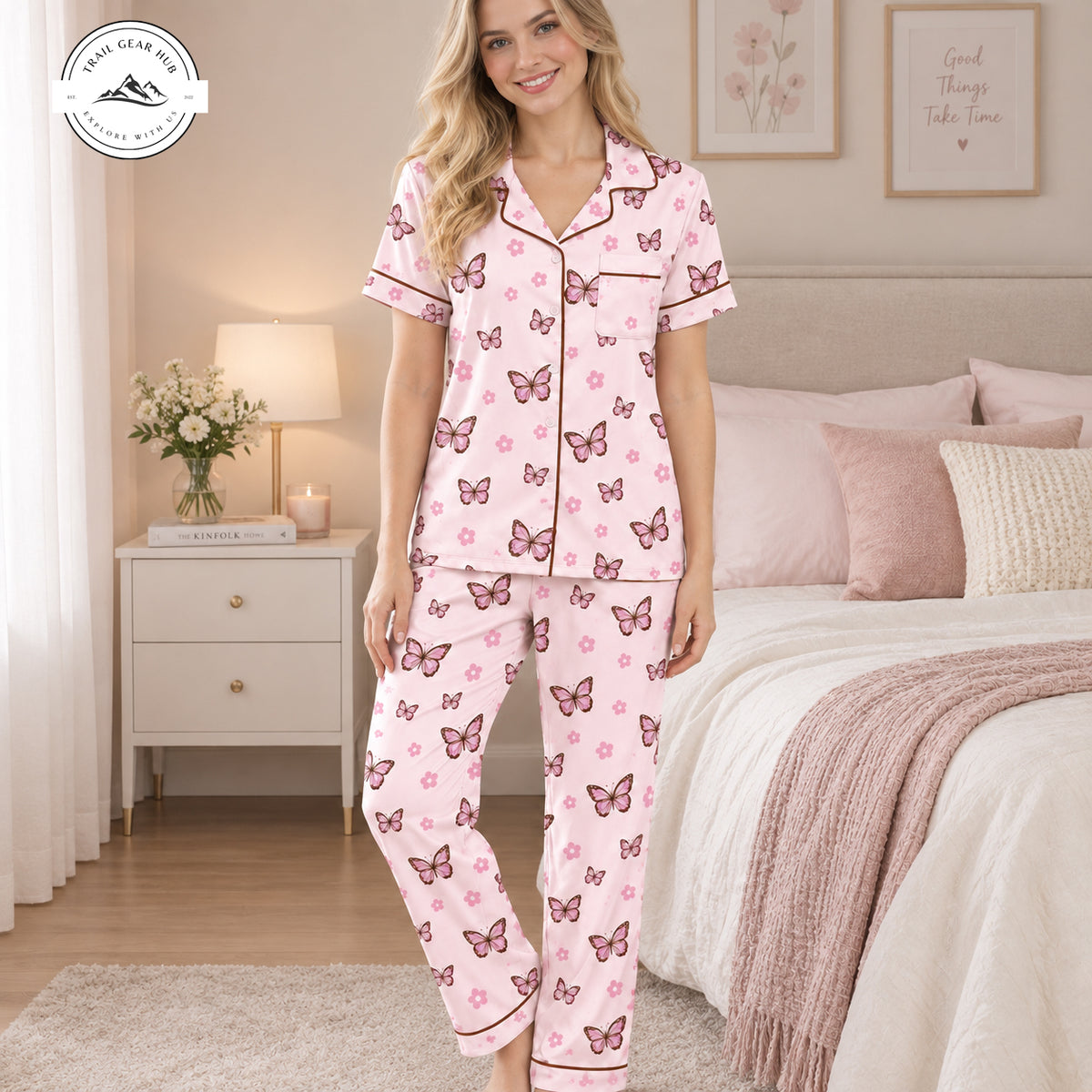 Cute Pink Butterfly Women Satin Pajama Short Sleeves Long Pants TG15