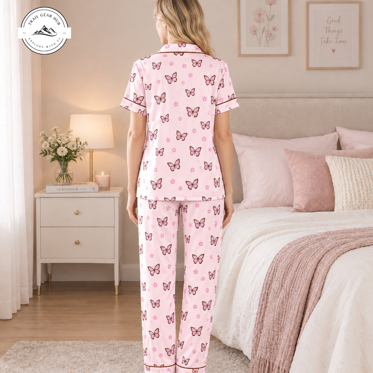 Cute Pink Butterfly Women Satin Pajama Short Sleeves Long Pants TG15
