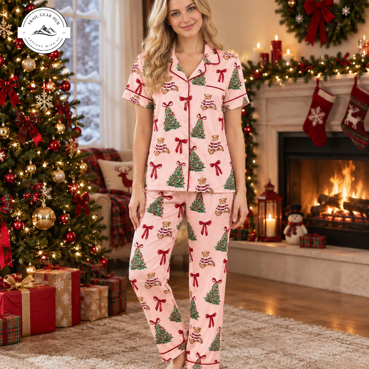 Christmas Tree & Teddy Bear Women Satin Pajama Short Sleeves Long Pants TG16