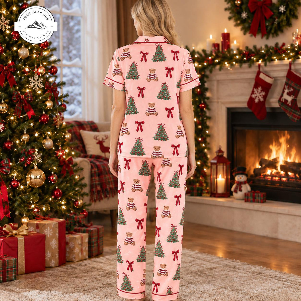 Christmas Tree & Teddy Bear Women Satin Pajama Short Sleeves Long Pants TG16