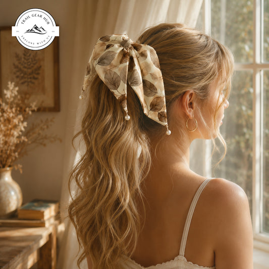 Botanical Leaf Satin Pearl Hair Tie TG05SPHT