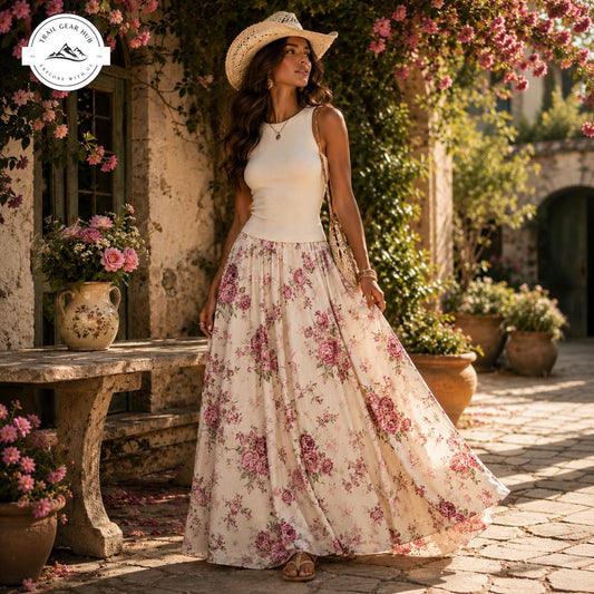 Romantic Rose Floral Women's Maxi Chiffon Skirts With Lining TG08