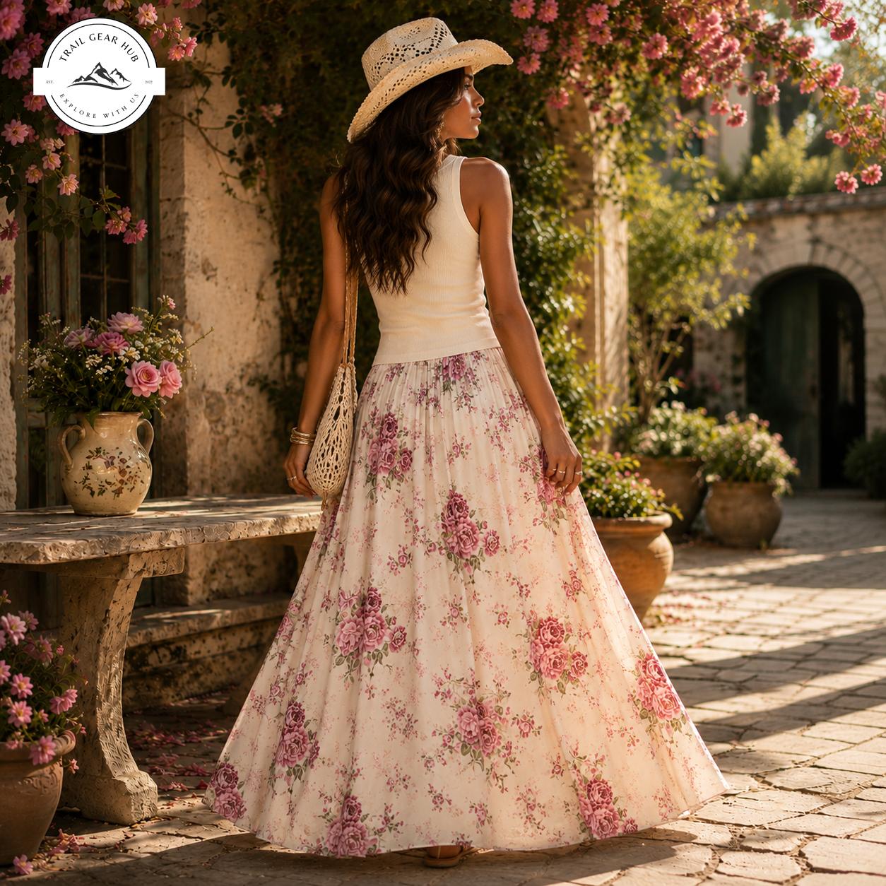 Romantic Rose Floral Women's Maxi Chiffon Skirts With Lining TG08